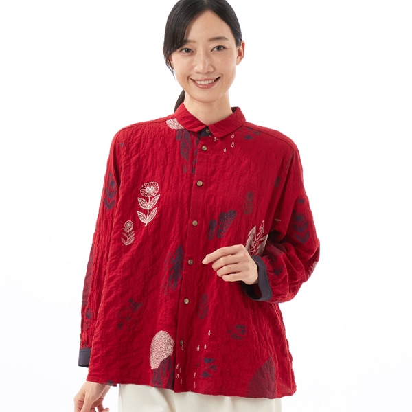 スーパーハッカ（SUPER HAKKA）/SUPER HAKKA×保坂優子 先染めコットンシャーリング「森と暮らす」刺繍ブラウス