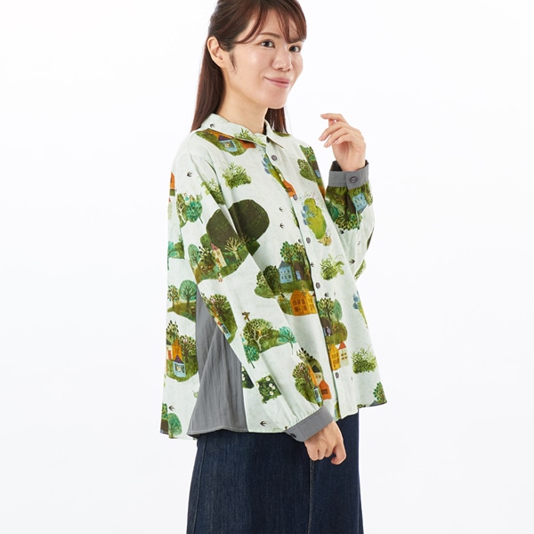 スーパーハッカ（SUPER HAKKA）/SUPER HAKKA×サクマ ユウコ 「ある日の森の街」/「この葉の青い鳥」プリントシャツブラウス