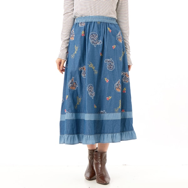 【NEW】スーパーハッカ（SUPER HAKKA）/ライトオンスデニム ローズスケッチ刺繍スカート(裏地無し)