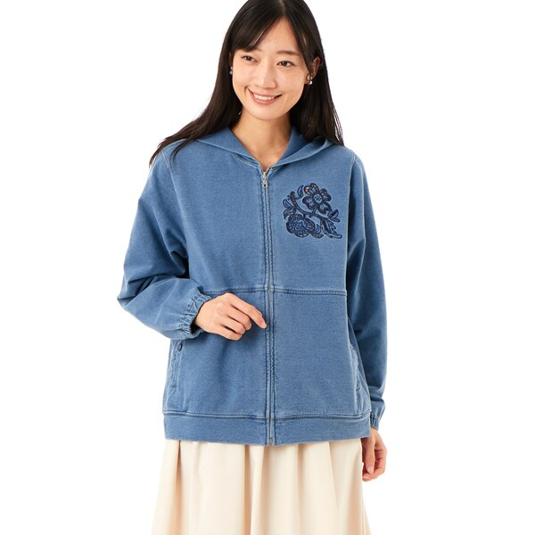 【NEW】スーパーハッカ（SUPER HAKKA）/コットンストレッチインレイデニム フラワーボーラー刺繍フーディ/パーカ