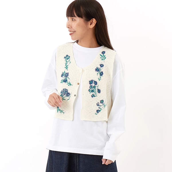 スーパーハッカ（SUPER HAKKA）/フラワーフォール刺繍コットンニットベスト