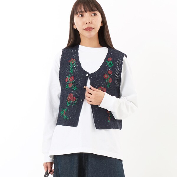 スーパーハッカ（SUPER HAKKA）/フラワーフォール刺繍コットンニットベスト_3