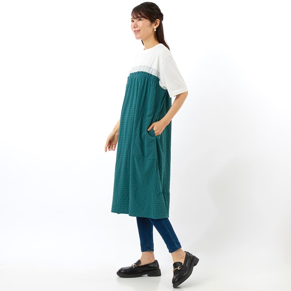 スーパーハッカ（SUPER HAKKA）/天竺×チェック　ロゴワンポイント刺繍Ｔシャツワンピース