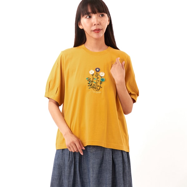 スーパーハッカ（SUPER HAKKA）/30/−天竺シルキー加工ガーベラプランツオンケミ刺繍Ｔシャツ_1