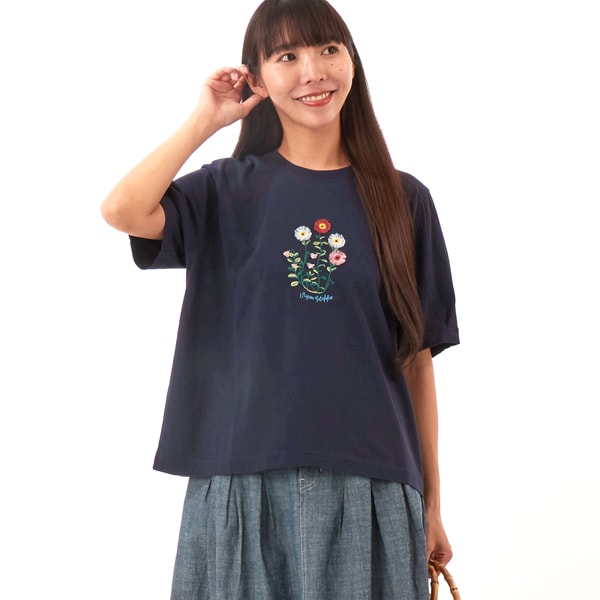 スーパーハッカ（SUPER HAKKA）/30/−天竺シルキー加工ガーベラプランツオンケミ刺繍Ｔシャツ_2