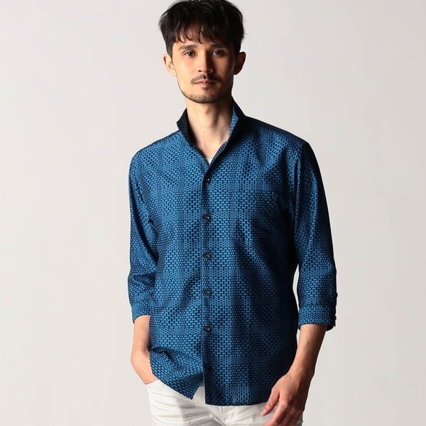 ニコルクラブフォーメン（NICOLE CLUB FOR MEN）/シアーチェック7分袖スタンドカラーシャツ