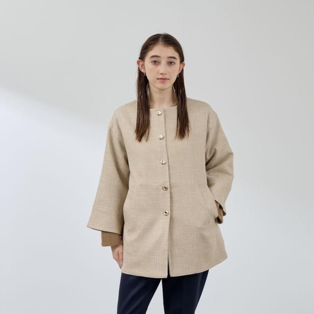 クイーンズコート（QUEENS COURT）/ツィード調ハウンドトゥースノーカラーコート≪手洗い可能≫