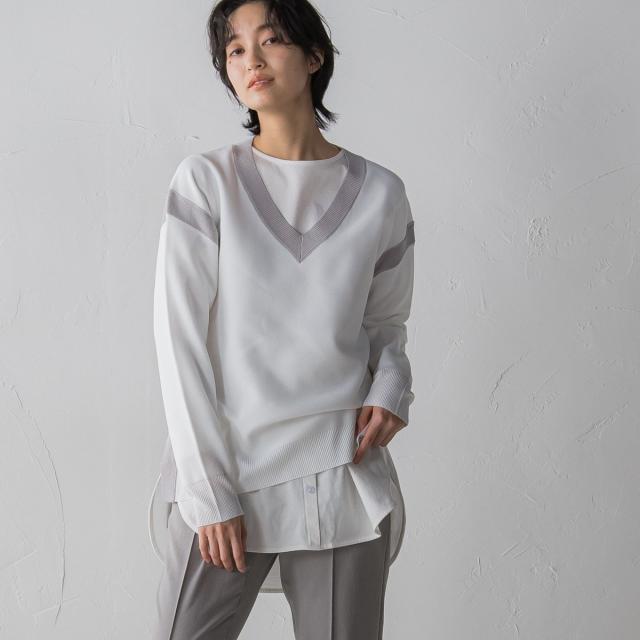 メイソングレイ（MAYSON GREY）/カノコ編み配色ラインVネックニットプルオーバー≪手洗い可能≫の通販は 4,910円