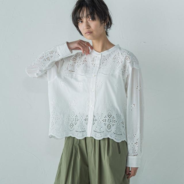 yori スカラップ刺繍サマーブラウス　シャツ　36 美品☆yori スカラップ刺繍サマー半袖シャツ 36 ホワイト - メルカリ
