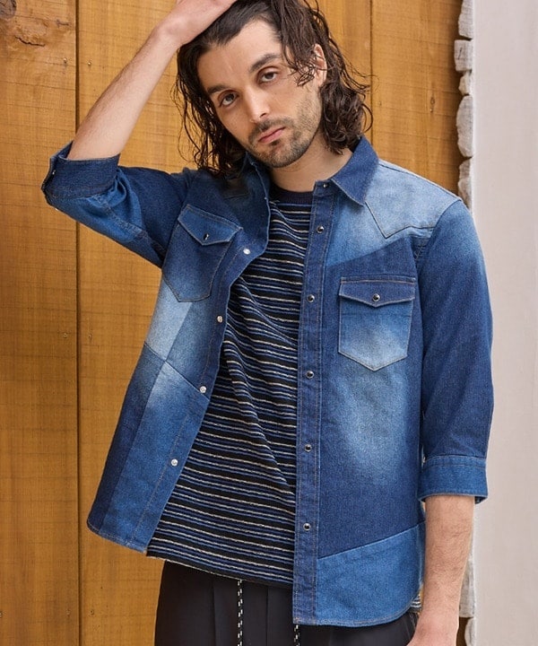 ラトルトラップ（RATTLE TRAP）/デニムパッチワーク7分袖ウエスタンシャツ