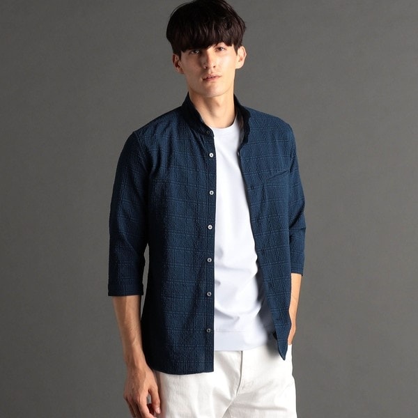 ムッシュニコル（MONSIEUR NICOLE）/グレンチェックサッカー スタンドカラー7分袖シャツ