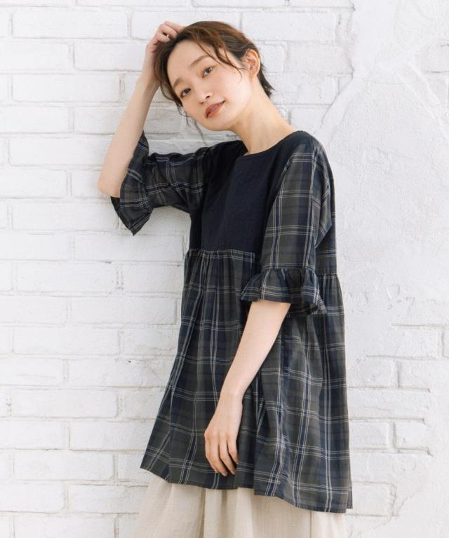 サブストリート（sab street）/【大きいサイズ】INDESIGN ソリッド×チェックパターンブラウス
