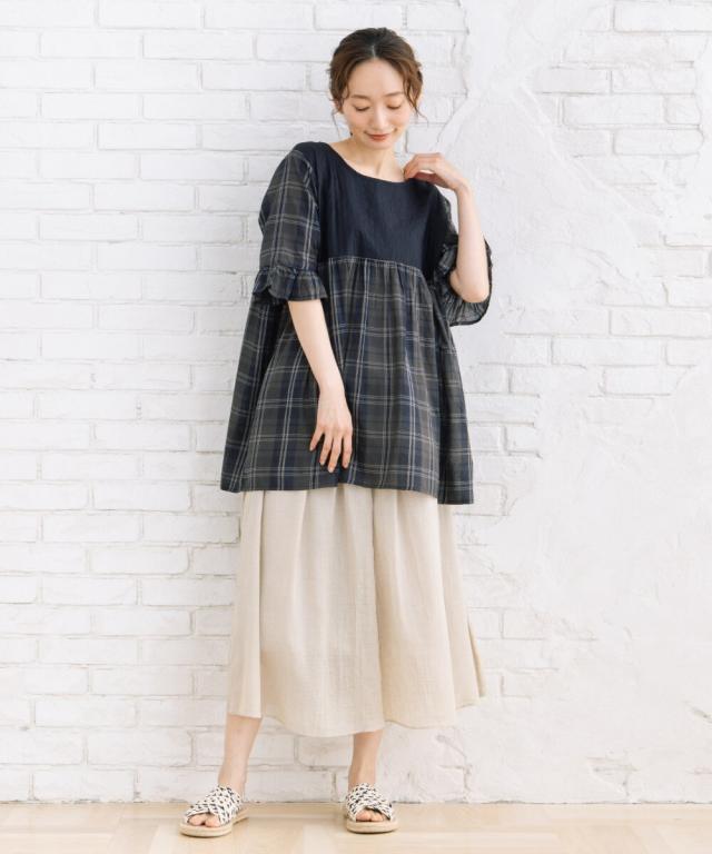サブストリート（sab street）/【大きいサイズ】INDESIGN ソリッド×チェックパターンブラウス_2