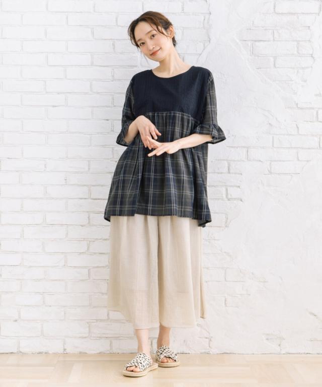 サブストリート（sab street）/【大きいサイズ】INDESIGN ソリッド×チェックパターンブラウス_3