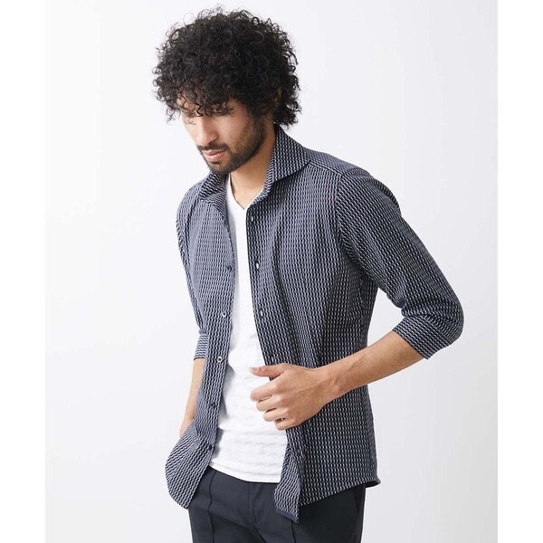 ミッシェルクランオム（MICHEL  HOMME）/《日本製》立体柄ストレッチラッセル七分袖シャツ