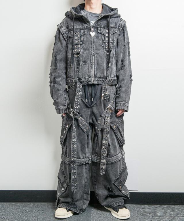 バックステージパス（backstagepass）/RESISTANCE(レジスタンス)2WAY フード レザータッチ/デニム ブルゾン【セットアップ対 バックステージパス（backstagepass）/RESISTANCE(レジスタンス)2WAY