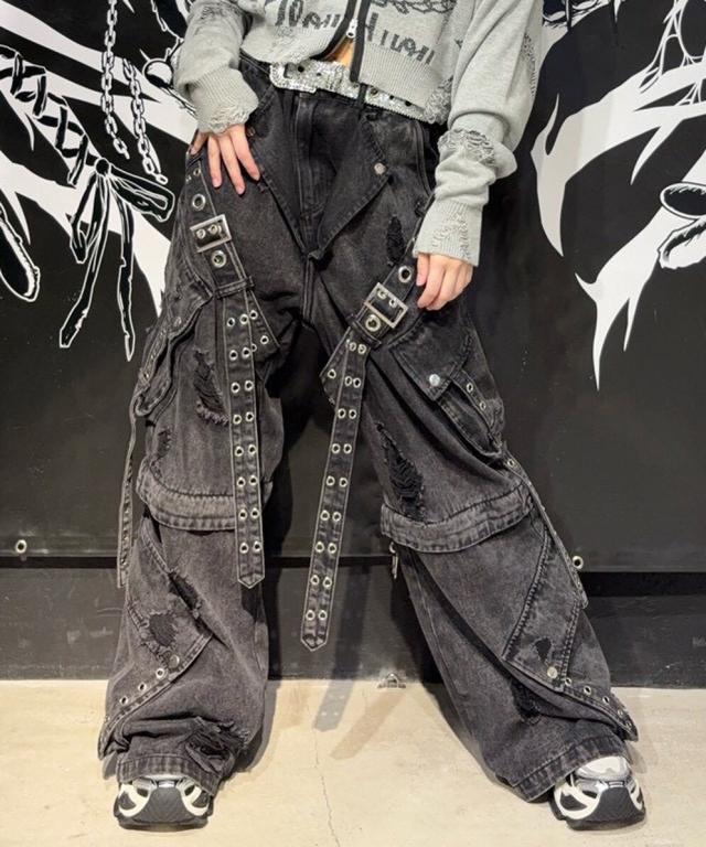 バックステージパス（backstagepass）/CHRIS C(クリス C)2WAY ベルト レザータッチ/デニム ワイドカーゴパンツ【セットアップ
