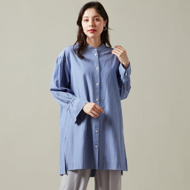 ラ・クープ（LACOUPE）/【シアサッカー地】ストライプノーカラーブラウス