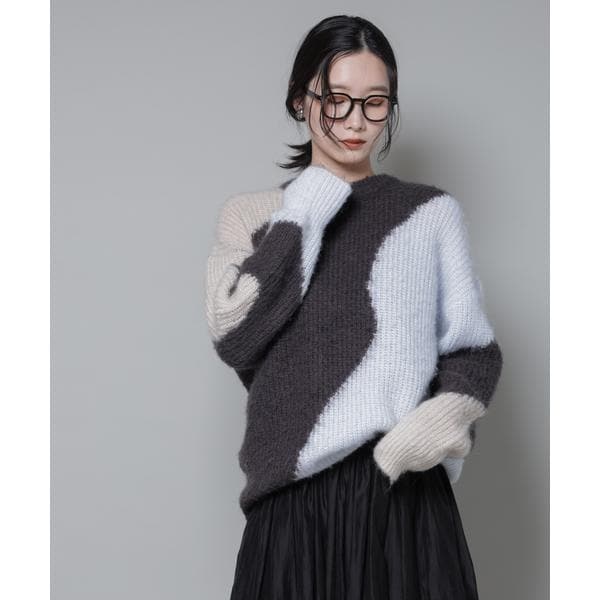 ナノユニバース（NANO universe）/モヘヤ起毛カーブパターンブロッキングニット