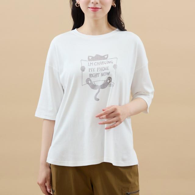 アル・ディ・ラ（AL DI LA）/【洗える】箔プリント猫Tシャツ