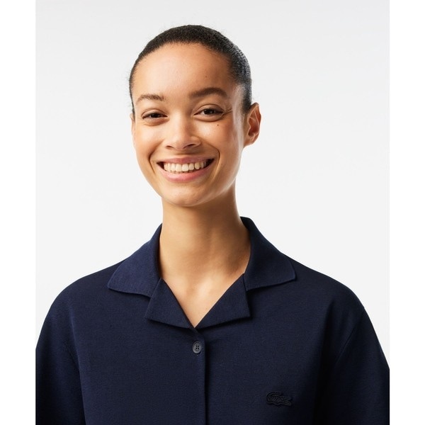 LACOSTE★オープンカラーニットワンピース ラコステ LACOSTE ワイドリブニットカラーポロドレス （ホワイト