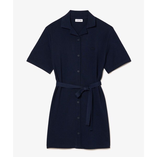 LACOSTE★オープンカラーニットワンピース セール】 オーガニックコットン メッシュ切替 ワイドリブニット
