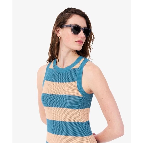 新品 ヒューゴボス ストライプ メッシュニット ノースリーブ ミディドレス L ラコステ（LACOSTE）/ストライプメッシュニットノースリーブドレス
