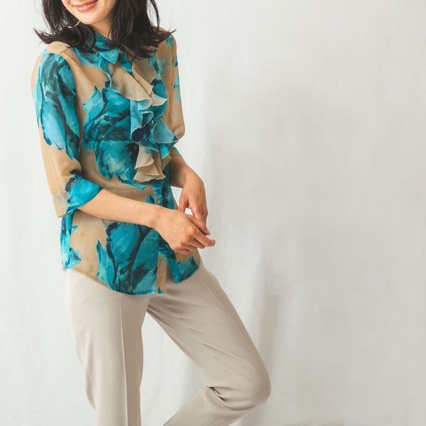 【NEW】ナラカミーチェ/フラワー柄フロントフリル七分袖シャツ