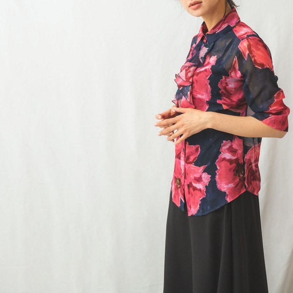 NEW】ナラカミーチェ/フラワー柄フロントフリル七分袖シャツ