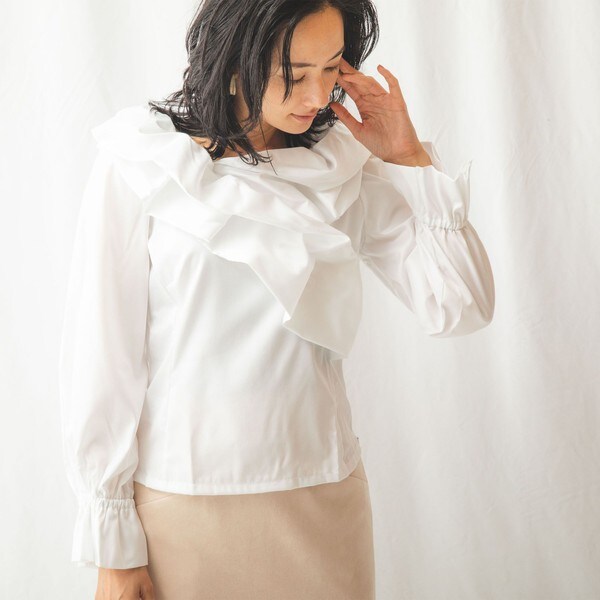 【NEW】ナラカミーチェ/コットンシャンブレーボリュームフリル長袖ブラウス