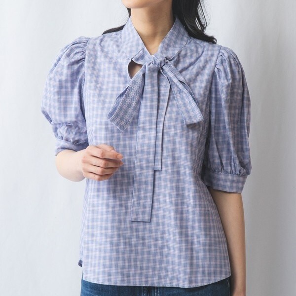 ナラカミーチェ（NARACAMICIE）/チェックギャザー袖ボウタイブラウス