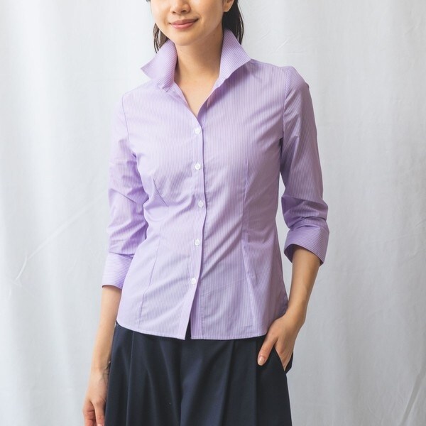 ナラカミーチェ（NARACAMICIE）/ストライプスタンドカラー七分袖シャツ