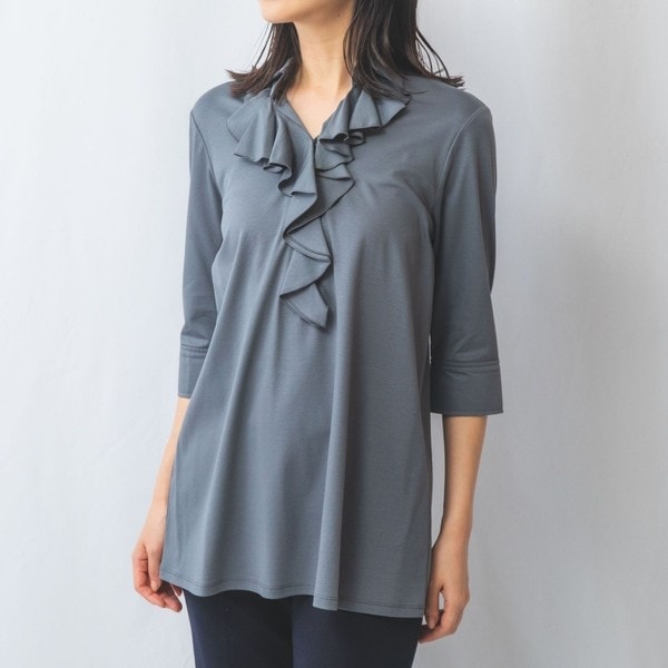 ナラカミーチェ（NARACAMICIE）/【NARACAMICIE】シルケットコットンスムース襟付きフリル七分袖