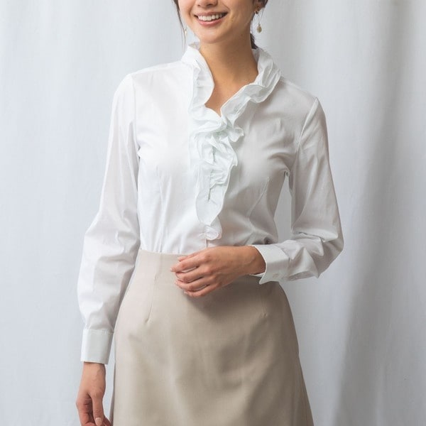 ナラカミーチェ（NARACAMICIE）/【NARACAMICIE】ストレッチブロードフリル衿長袖シャツ