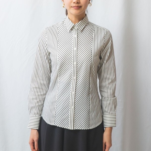 ナラカミーチェ（NARACAMICIE）/【NARACAMICIE】ストレッチストライプフロントバイヤス長袖シャツ_2