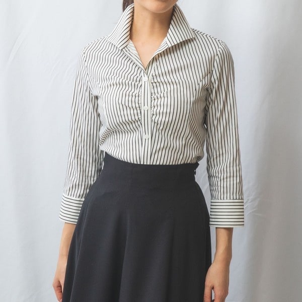 ナラカミーチェ（NARACAMICIE）/【NARACAMICIE】ストレッチストライプスタンドカラー七分袖シャツ