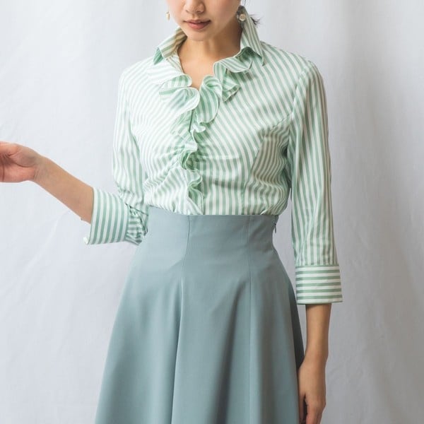 ナラカミーチェ（NARACAMICIE）/【NARACAMICIE】ストレッチストライプフリル七分袖シャツ