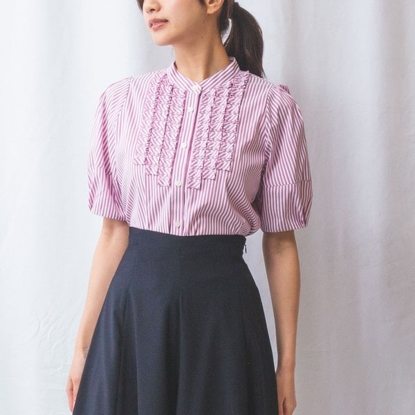 ナラカミーチェ（NARACAMICIE）/【NARACAMICIE】ストレッチストライプフロントデザインタック半袖ブラウス