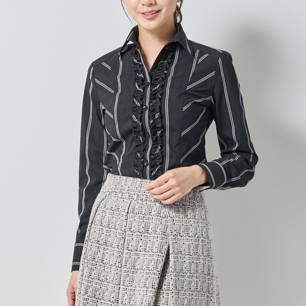 ナラカミーチェ（NARACAMICIE）/【NARACAMICIE】ストレッチストライプ襟付きフリル長袖シャツ