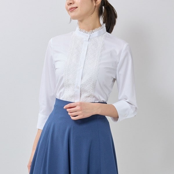 【NEW】ナラカミーチェ（NARACAMICIE）/【NARACAMICIE】衿フロントレース七分袖ブラウス