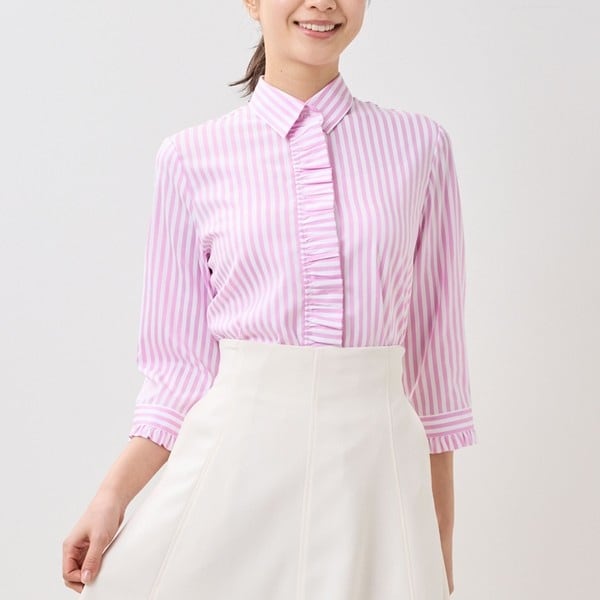 ナラカミーチェ（NARACAMICIE）/【NARACAMICIE】ストレッチストライプフリル七分袖ブラウス