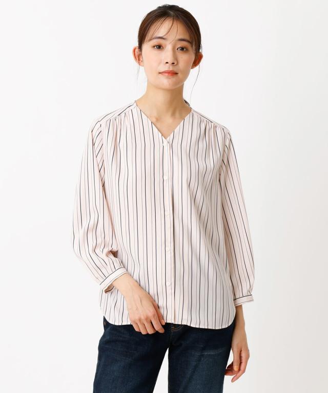 MK ミッシェルクラン/ストライプ柄Vネックブラウス／洗える