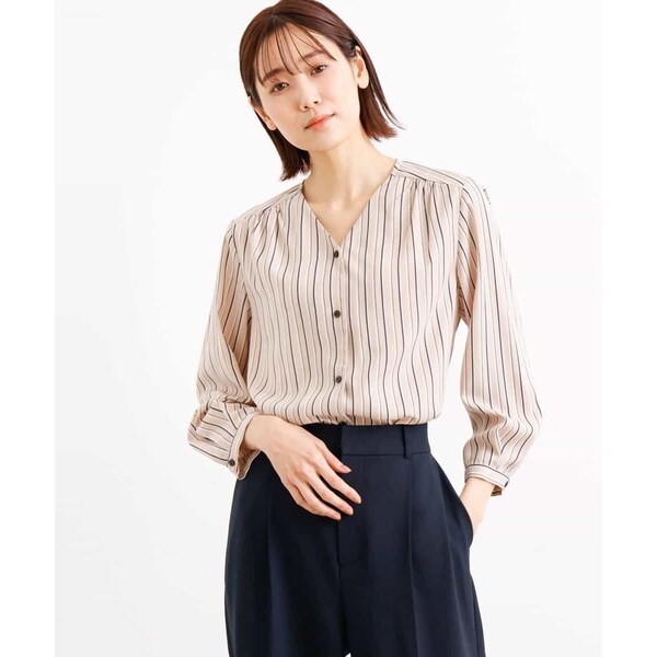 MK ミッシェルクラン/ストライプ柄Vネックブラウス／洗える