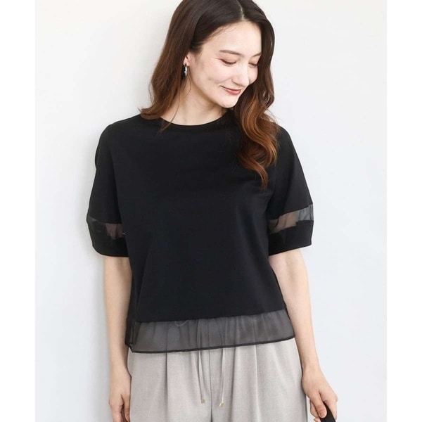 MK ミッシェルクラン（MK MICHEL  ）/シアー切替えランタンスリーブカットソー/接触冷感/洗える