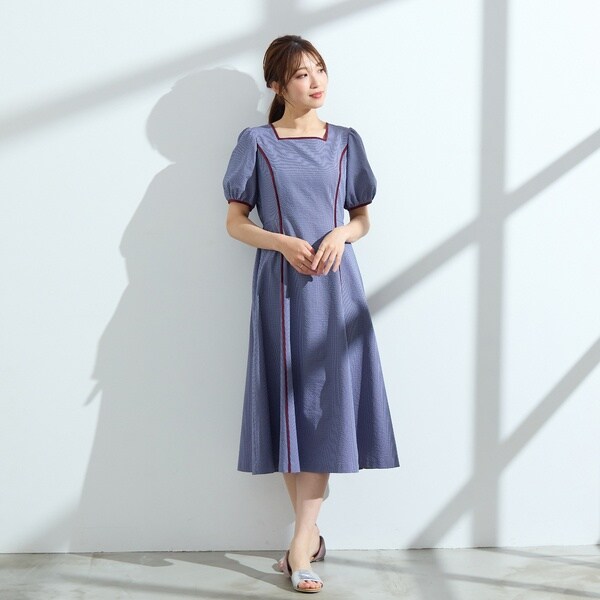 未使用級 ローズティアラ 大きいサイズ46 洗える 紺 チェックワンピース 4L ローズティアラ（Rose Tiara）/【イージケア/吸水速乾/手洗いOK