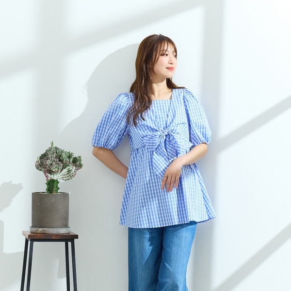 ローズティアラ（Rose Tiara）/【コットン100％/手洗い可】ギンガムチェックリボンブラウス