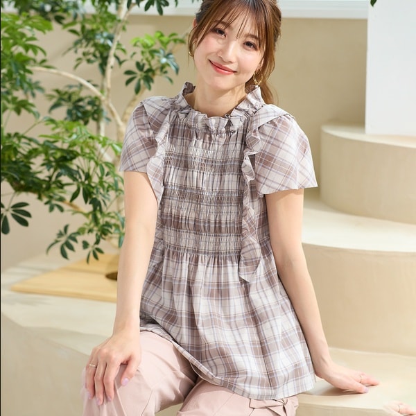 ローズティアラ（Rose Tiara）/【手洗い可】チェックシャーリングブラウス