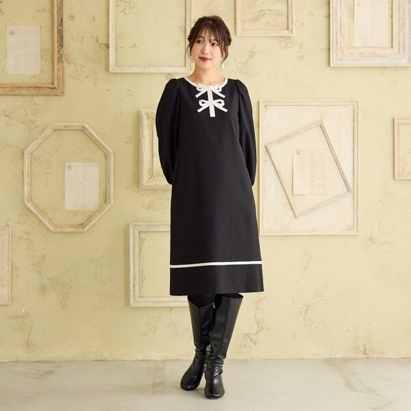 ☆Rose Tiara☆ブラックウエストリボンワンピース☆フォーマルにも☆美品☆ ローズティアラ（Rose Tiara）/【伸縮性◎/イージーケア】配色リボン