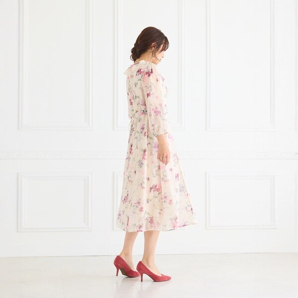 ROSE TIARA ラメストライプフラワープリントワンピース 大きいサイズ ローズティアラ（Rose Tiara）/ラメストライプフラワープリント