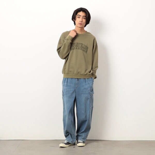 パープル＆イエロー（Purple & Yellow）/フロスト加工ロゴ刺繍クルーネックプルオーバー パープル＆イエロー（Purple & Yellow）/フロスト加工ロゴ刺繍クルー